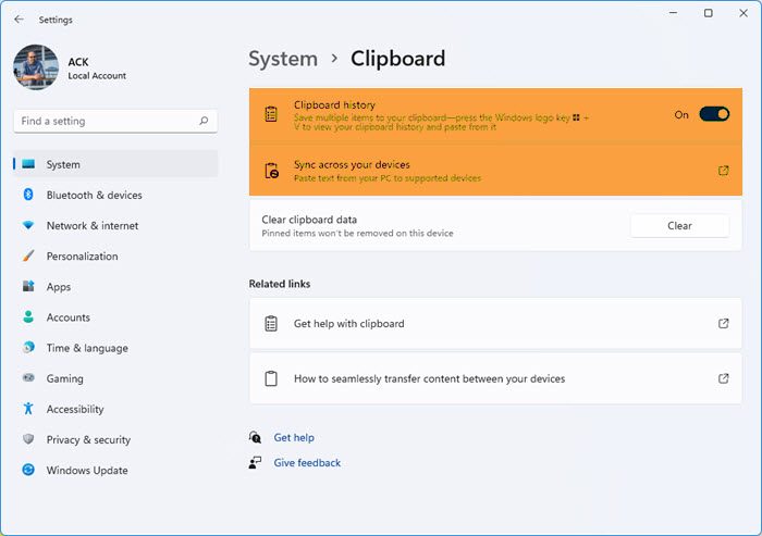 Disable Clipboard Sync across Windows 11