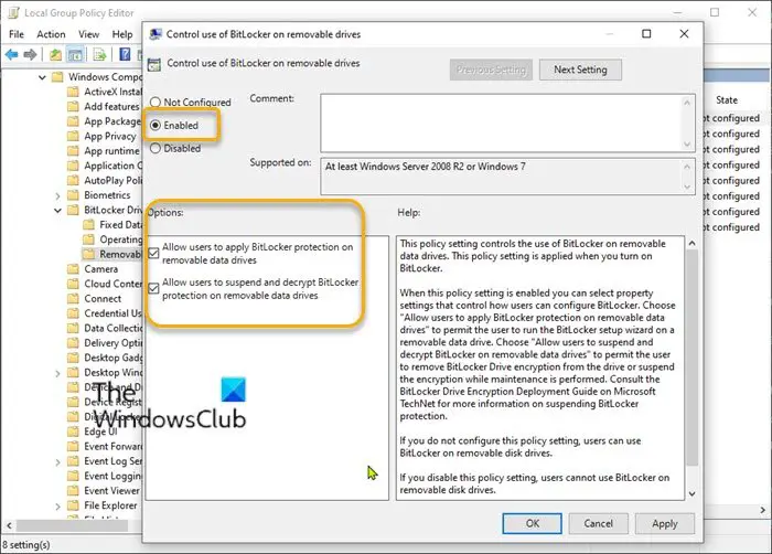 Enable or disable use of BitLocker on Removable Data Drives-Group Policy Editor