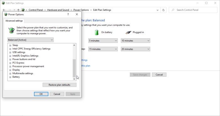 Windows 10 Advanced Power Options Setting