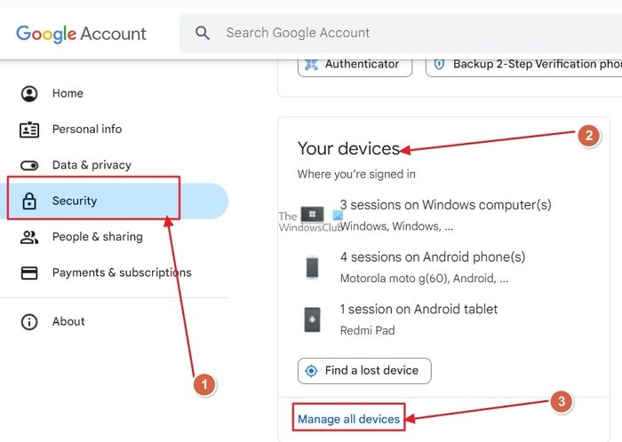 Manage devices for Google account