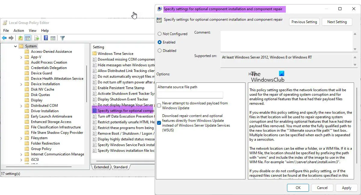 Specify settings for optional component installation and component repair