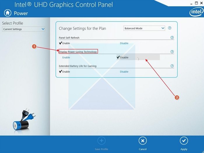 Turn Off Intel display power saving technology