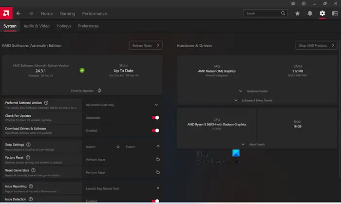 AMD Software Adrenalin Edition Settings