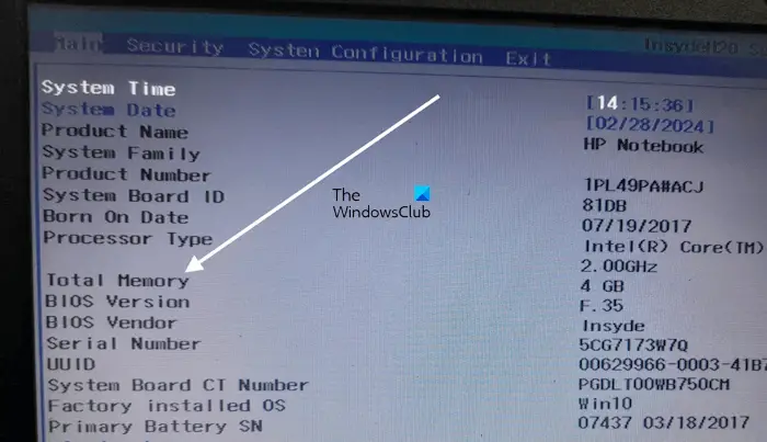 Check total RAM in BIOS