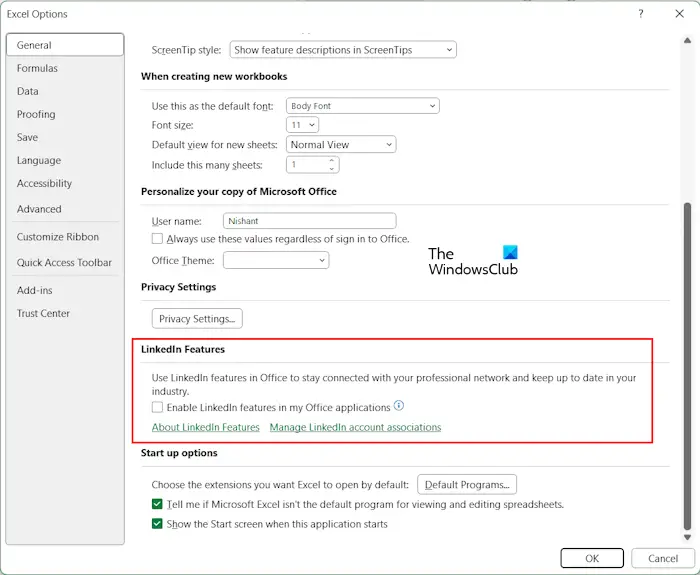 Disable Linkedin Features in Excel