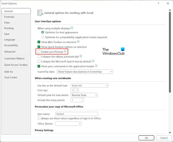 Disable Live Preview in Excel