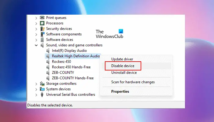 Disable Realtek High Definition Audio driver