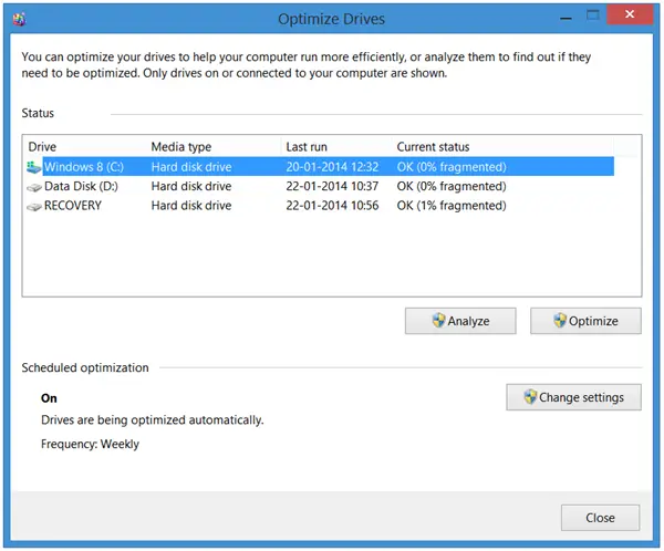 Disk Defragmenter in Windows 8