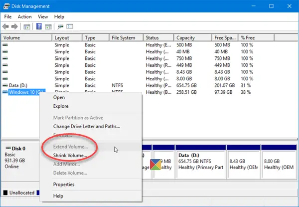 Extend Volume option is grayed out