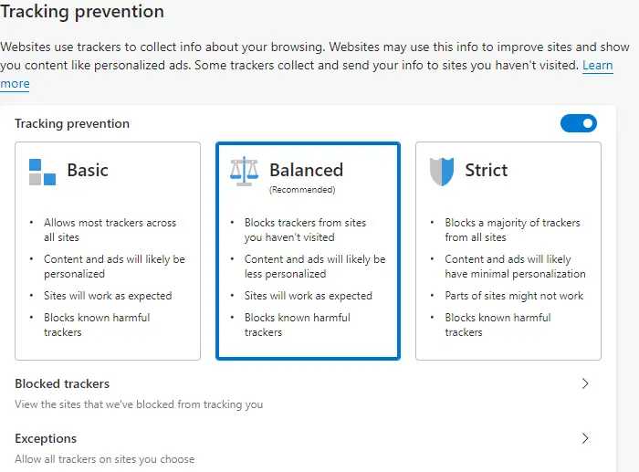 Privacy Settings in Microsoft Edge