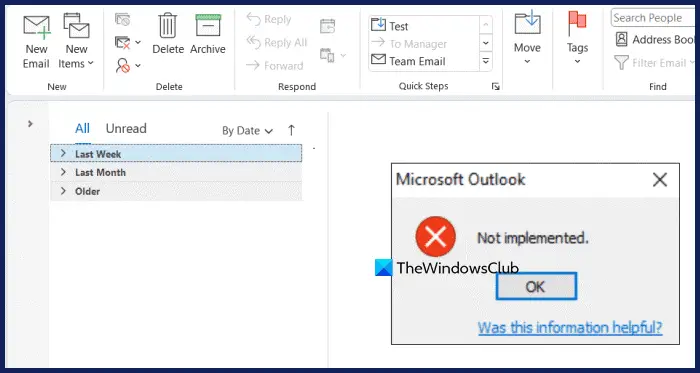 Not Implemented error in Outlook