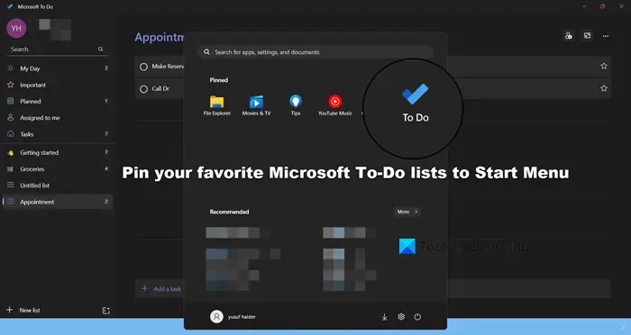 pin your favorite Microsoft To-Do lists to Start Menu 