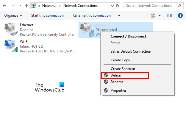 Remove a VPN using Network Connections in Windows 10