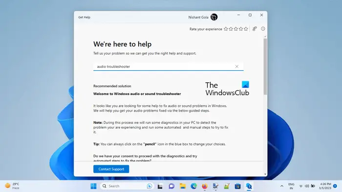 Run Get Help for Audio Troubleshooter in Windows 11