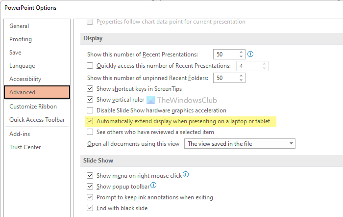 How to stop PowerPoint from extending display when presenting on laptop 