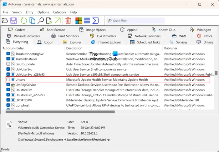 Uhssvc file status in Autoruns