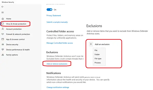 Windows Security Add folder exclusion