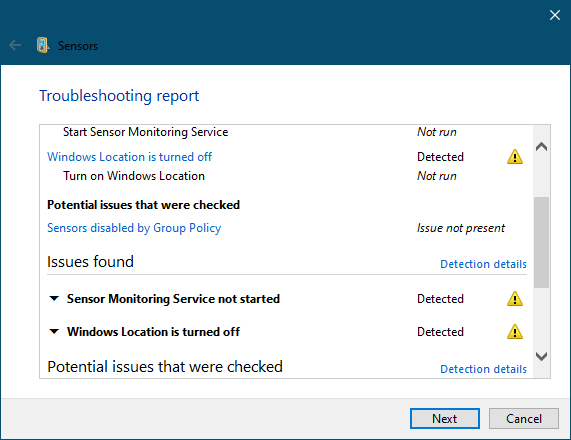 windows sensors troubleshooter